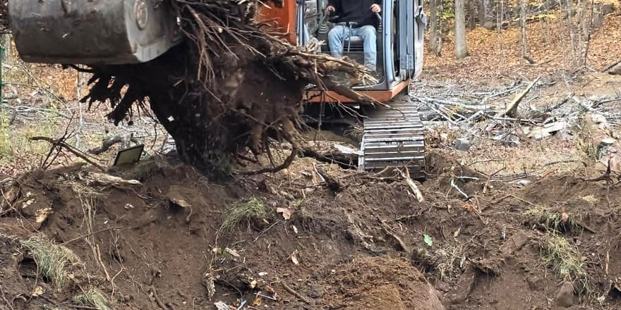 Excavator pulling a stump during land clearing